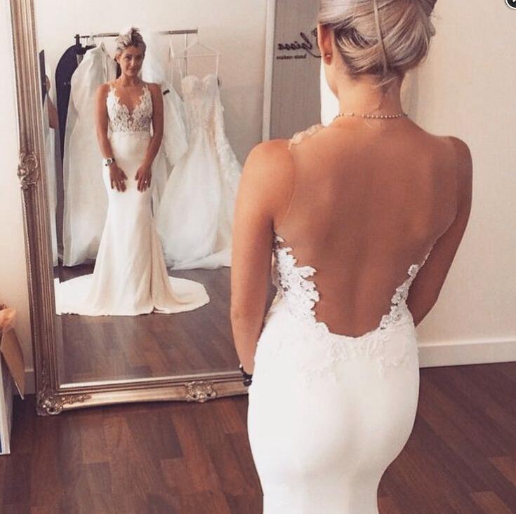 Sexy Mermaid Lace Sheer Back Long Ivory Beach/Coast Wedding Dress DM268