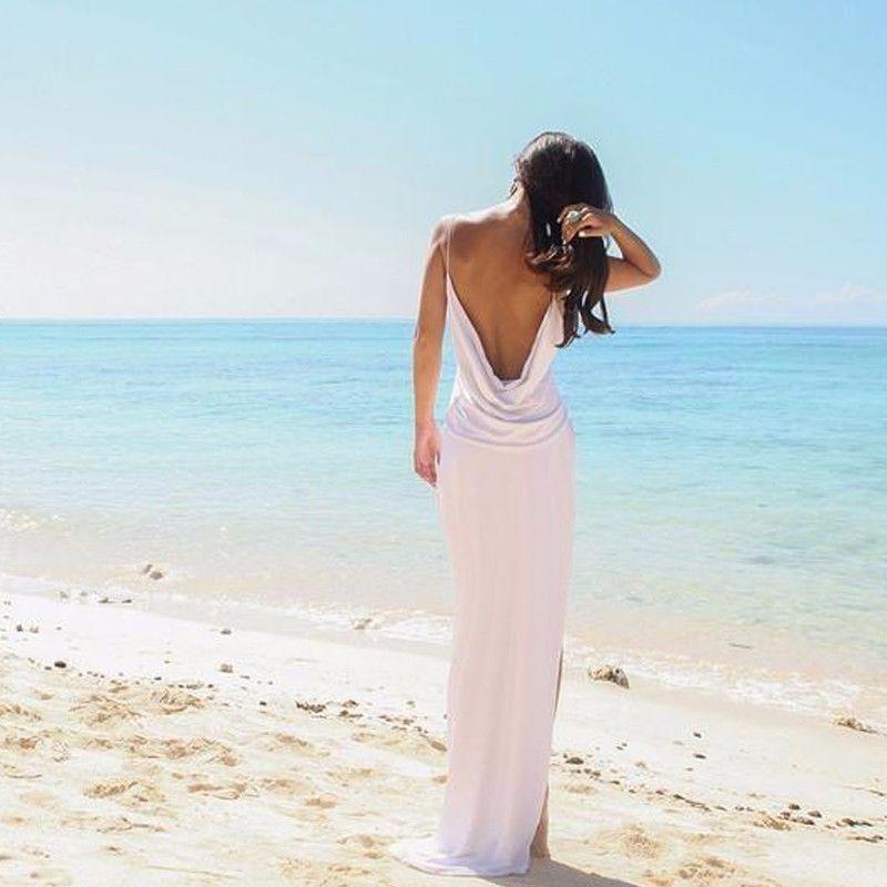 Sexy Backless Beach Bridal Dress,Slit Spaghetti Straps Summer White Wedding Gown DM260