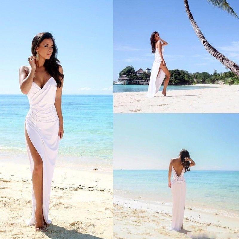 Sexy Backless Beach Bridal Dress,Slit Spaghetti Straps Summer White Wedding Gown DM260