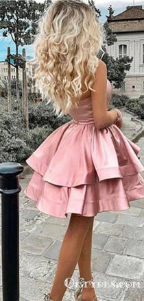 Princess A Line One Shoulder Pink Short Homecoming Dresses DMO47