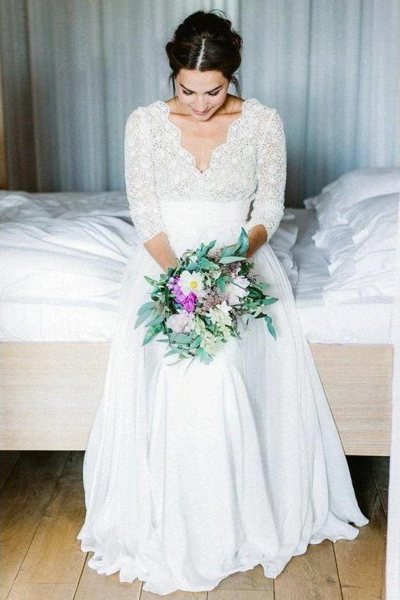 3/4 Sleeves Chiffon Beach Wedding Dress with Lace, V Neck Backless Bridal Dress DMN90
