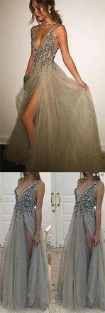Backless Rhinestone tulle Deep V-neck Sexy prom dress online, Long Split Prom Dress DM157
