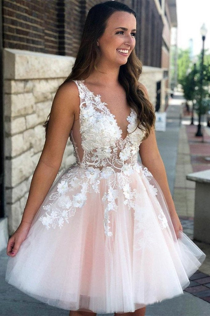 See Through Lace Appliqued Homecoming Dresses V Neck Short Hoco Dress DMO13