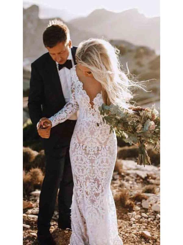 See Through Lace Long Sleeve Backless Mermaid Wedding Dress DMF82