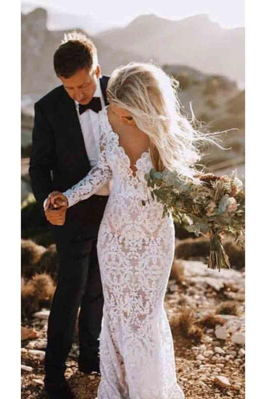 See Through Lace Long Sleeve Backless Mermaid Wedding Dress DMF82 Demodresses See Through Lace Long Sleeve Backless Mermaid Wedding Dress DMF82 Demodresses