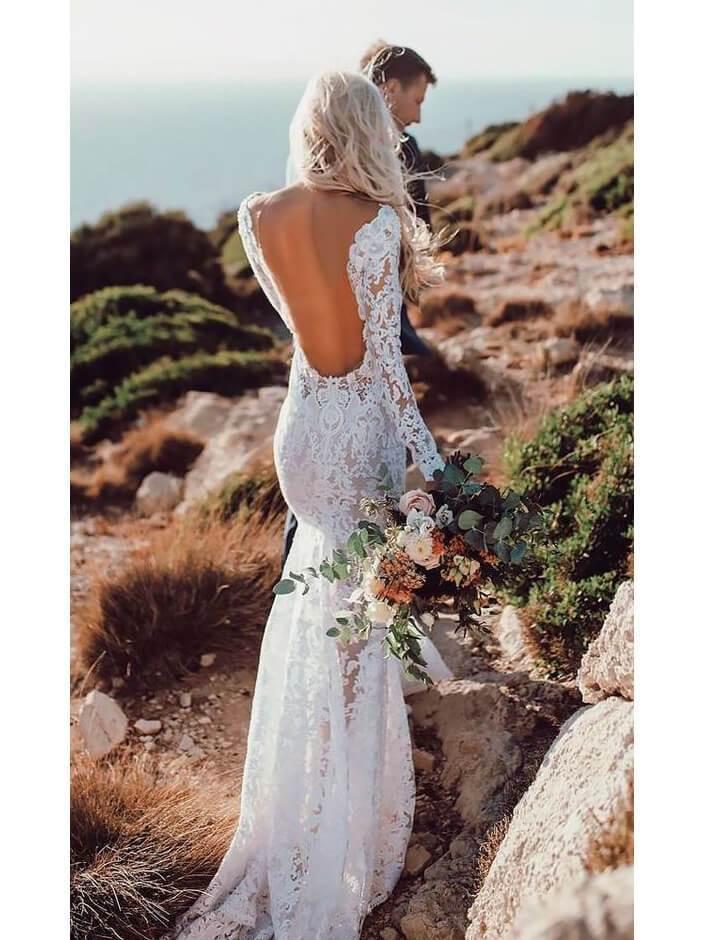 See Through Lace Long Sleeve Backless Mermaid Wedding Dress DMF82