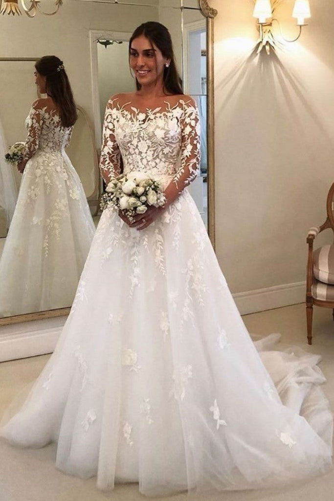A Line Sheer Neck Long Sleeves Lace Appliques Wedding Dress With Tulle Demodresses A Line Sheer Neck Long Sleeves Lace Appliques Wedding Dress With Tulle Demodresses