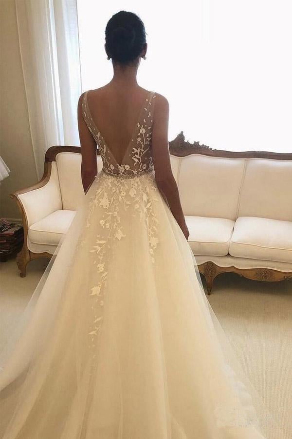 Chic V Neck A Line Tulle Wedding Dress With Lace Appliques, Bridal Dresses DMW27