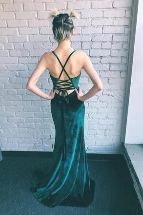 Sheath Emerald Green Spaghetti Straps Long Simple Prom Dresses with Slit DMI61