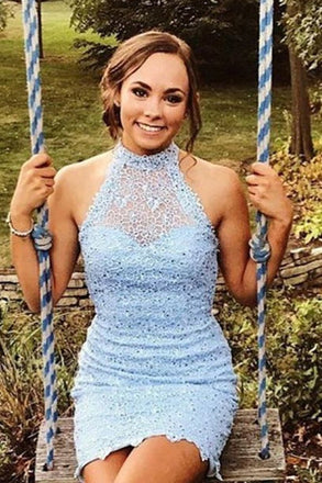 Light Blue Lace Beadsed Tight Homecoming Dresses, Sexy Sheath Short Cocktail Dress DMM29