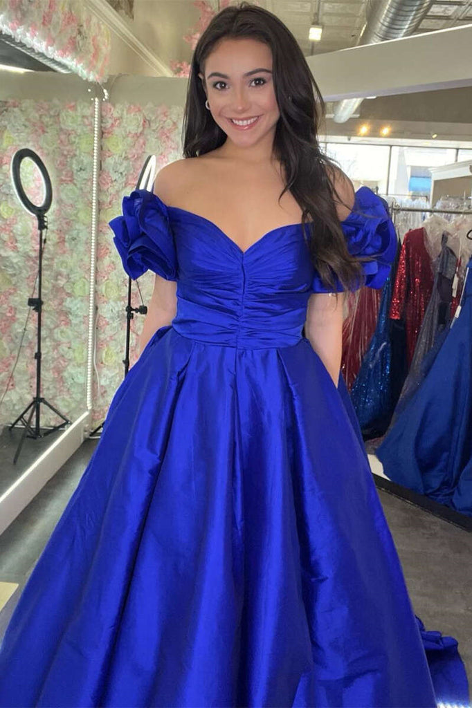 Blue Off-the-Shoulder Ruffles A-Line Prom Dress Formal Evening Dresses DMP305