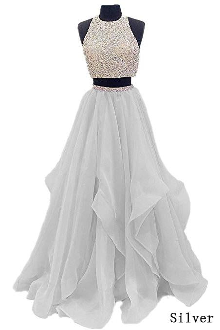 Two Piece Floor Length Burgundy Prom Dress Beaded Open Back Evening Gown DM603