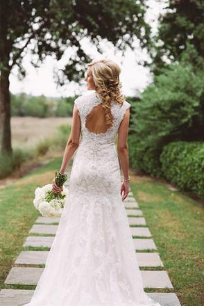 Modest Lace Wedding Dresses with Appliques,Cap Sleeves Open Back Wedding Gowns stunning DM420