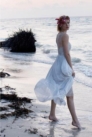 Casual Chiffon Sheer Back Lace Beach/Coast Wedding Dress,A Line Long Wedding Gown DM264