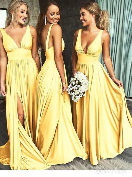 Burgundy A Line Deep V Neck Cheap Bridesmaid Dresses For Wedding DMI92