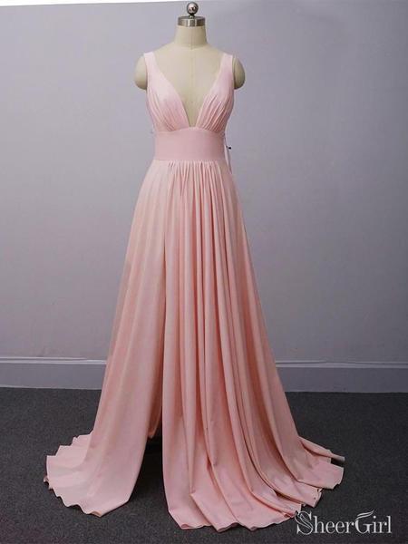 Burgundy A Line Deep V Neck Cheap Bridesmaid Dresses For Wedding DMI92
