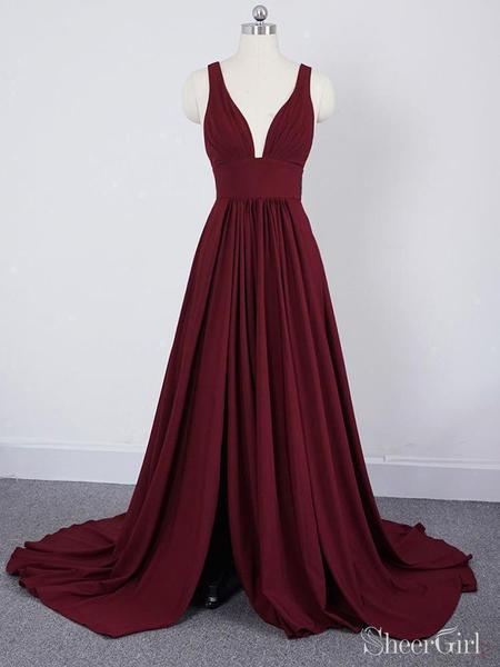 Burgundy A Line Deep V Neck Cheap Bridesmaid Dresses For Wedding DMI92