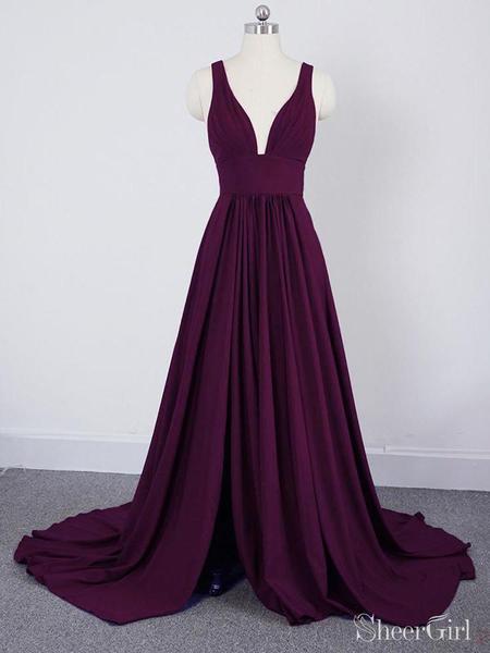 Burgundy A Line Deep V Neck Cheap Bridesmaid Dresses For Wedding DMI92