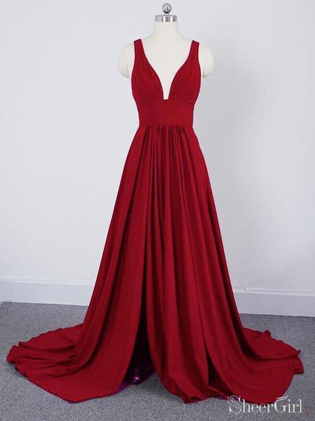 Burgundy A Line Deep V Neck Cheap Bridesmaid Dresses For Wedding DMI92