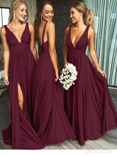 Burgundy A Line Deep V Neck Cheap Bridesmaid Dresses For Wedding DMI92