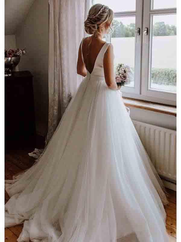 Simple Modest Wedding Gowns With Bownot Cheap Tulle Backless Wedding Dress DMF79