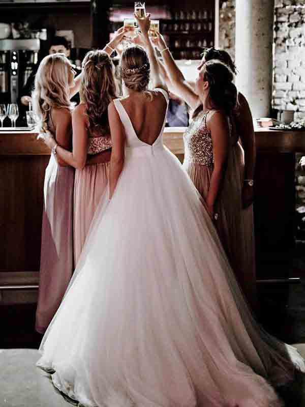 Simple Modest Wedding Gowns With Bownot Cheap Tulle Backless Wedding Dress DMF79