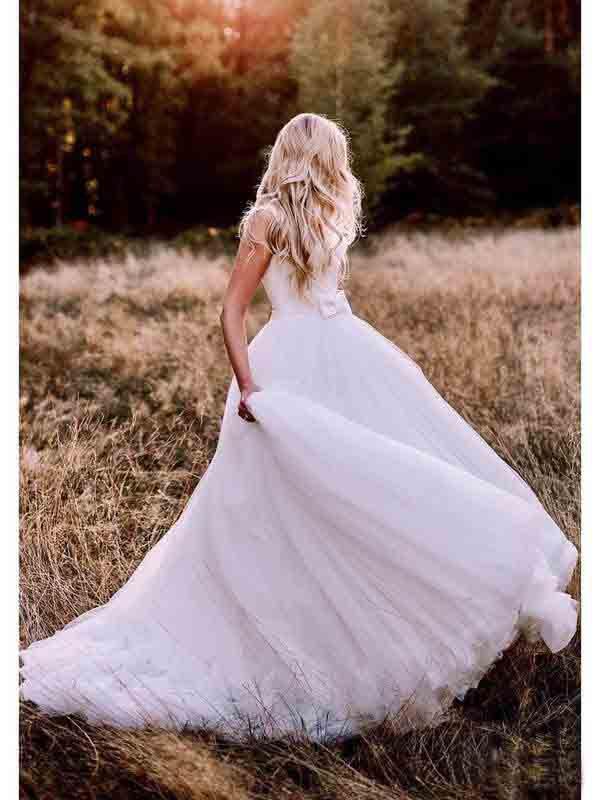Simple Modest Wedding Gowns With Bownot Cheap Tulle Backless Wedding Dress DMF79