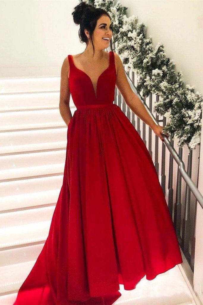 Simple Broad Straps Red Long Prom Dresses with Pocket V Neck Cheap Formal Dress DMI9