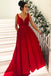 Simple Broad Straps Red Long Prom Dresses with Pocket V Neck Cheap Formal Dress DMI9