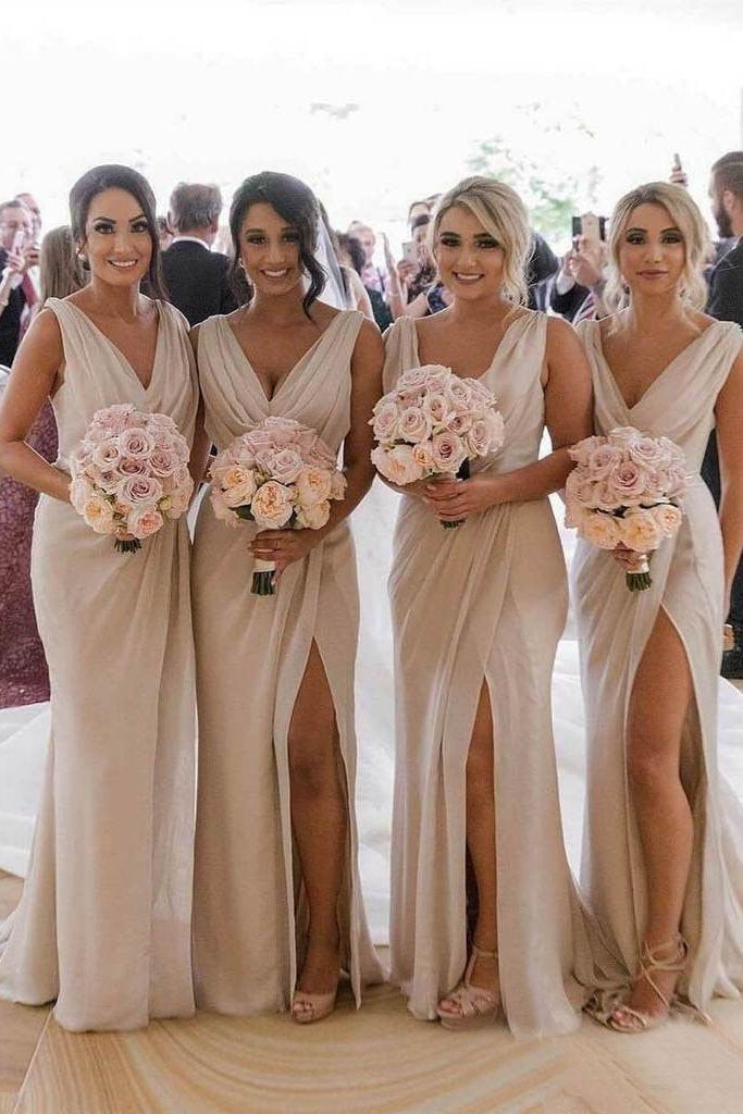 Simple Sheath Long Bridesmaid Dresses with Slit, Wedding Party Dress DMO22