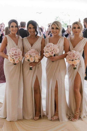 Simple Sheath Long Bridesmaid Dresses with Slit, Wedding Party Dress DMO22