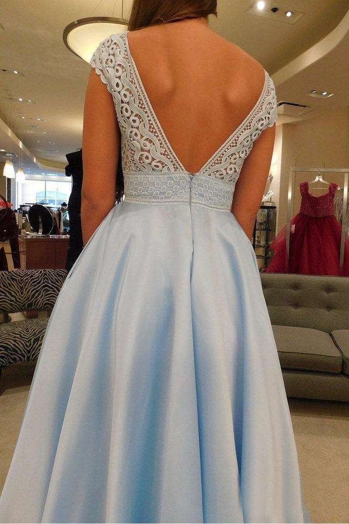 Simple V-Neck A Line Lace Cap Sleeves Sky Blue Prom Dresses for Junior DMS79