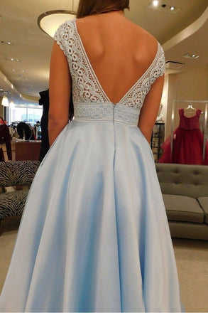 Simple V-Neck A Line Lace Cap Sleeves Sky Blue Prom Dresses for Junior DMS79