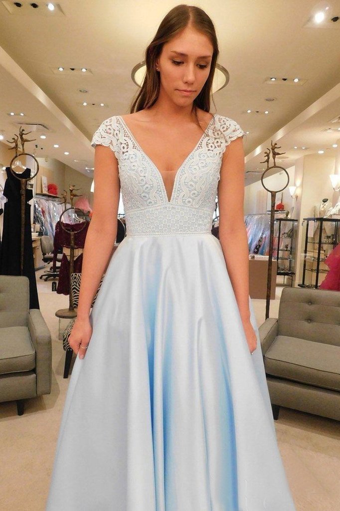 Simple V-Neck A Line Lace Cap Sleeves Sky Blue Prom Dresses for Junior DMS79