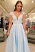 Simple V-Neck A Line Lace Cap Sleeves Sky Blue Prom Dresses for Junior DMS79