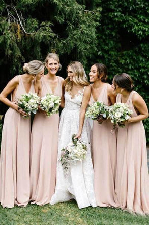 Simple V Neck Light Pink Bridesmaid Dresses Long Chiffon Maxi Dress DMO19