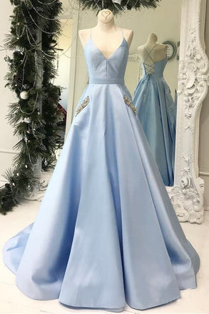 Simple Spaghetti Straps Sky Blue Satin Long Prom Dresses with Pocket DMN77
