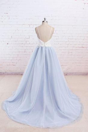 Baby Blue Tulle Long Simple Flower Senior Prom Dress With White Top,Long Tulle Evening Dress DM503