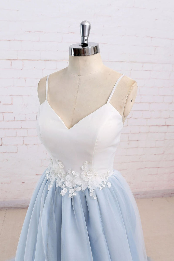 Baby Blue Tulle Long Simple Flower Senior Prom Dress With White Top,Long Tulle Evening Dress DM503