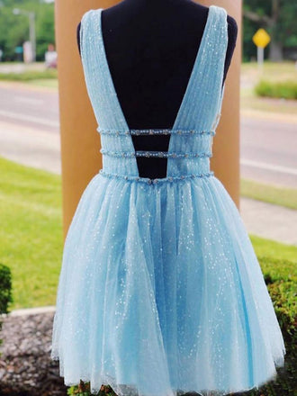 Sky Blue Beaded Backless Homecoming Dresses, Short Graduation Dress DMO10