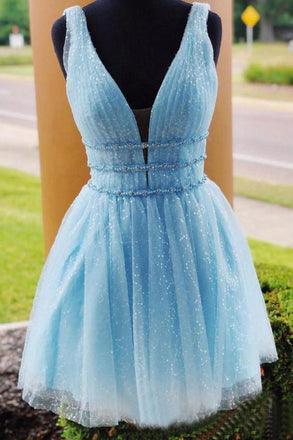 Sky Blue Beaded Backless Homecoming Dresses, Short Graduation Dress DMO10
