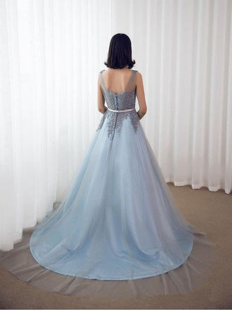 Sky Blue Formal Long Lace Appliqued Gray Tulle Prom Dresses Cheap Quinceanera Dresses DMP2