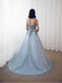 Sky Blue Formal Long Lace Appliqued Gray Tulle Prom Dresses Cheap Quinceanera Dresses DMP2