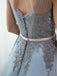 Sky Blue Formal Long Lace Appliqued Gray Tulle Prom Dresses Cheap Quinceanera Dresses DMP2