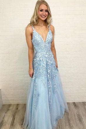 Sky Blue Lace Appliques Straps Long V Neck Prom Dresses DMH45