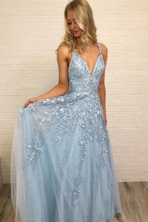 Sky Blue Lace Appliques Straps Long V Neck Prom Dresses DMH45