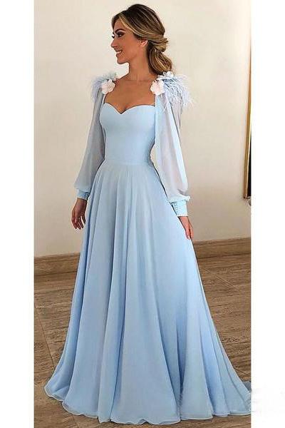 Light Blue A Line Long Chiffon Prom Dresses with Sleeves Modest Forma Evening Dress DMH42