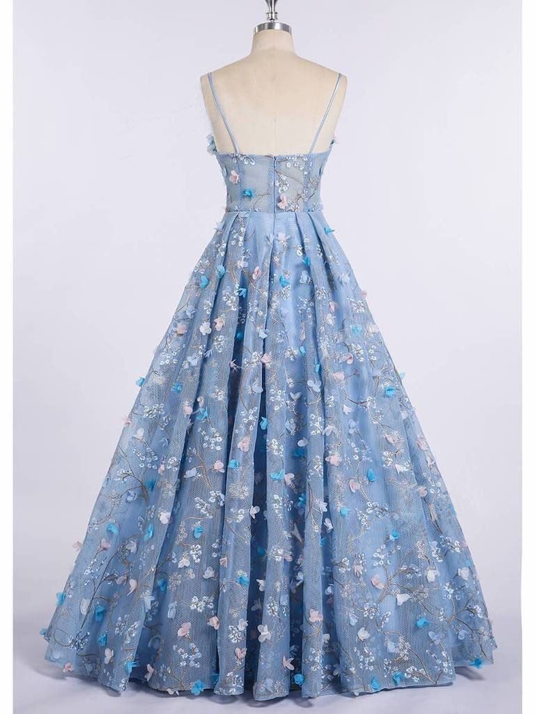 A-Line Lace Spaghetti Straps Long Light Blue Prom Dress DME42