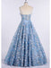 A-Line Lace Spaghetti Straps Long Light Blue Prom Dress DME42