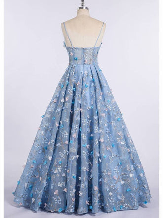 Princess Spaghetti Strap 3D Flower Applique Sky Blue Prom Dresses Ball Gowns DMH90